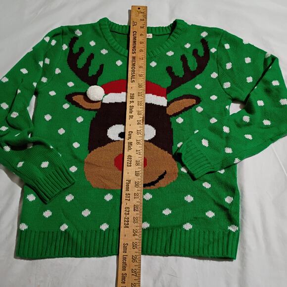 UGLY CHRISTMAS SWEATER Medium Women's Rudolf Green w/White Polka Dots PomPom - Picture 6 of 10